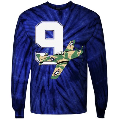 9th Birthday Military Plane Aircraft Fighter 9 Year Old Tie-Dye Long Sleeve Shirt