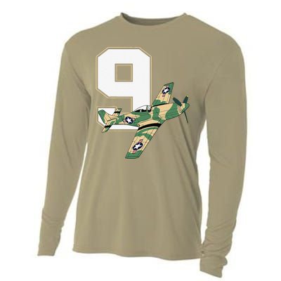 9th Birthday Military Plane Aircraft Fighter 9 Year Old Cooling Performance Long Sleeve Crew