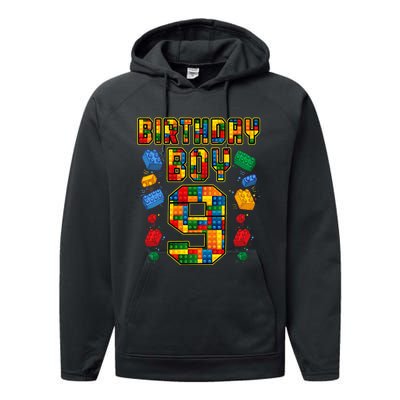 9th Birthday Master Builder 9 Years Old Block Building Performance Fleece Hoodie