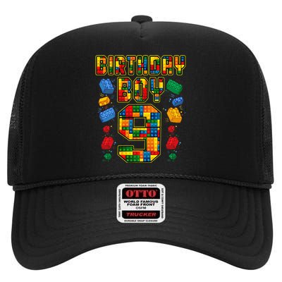 9th Birthday Master Builder 9 Years Old Block Building High Crown Mesh Back Trucker Hat