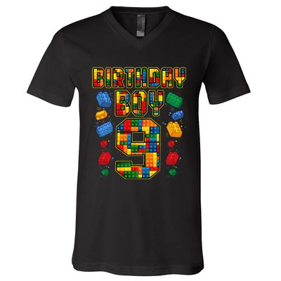 9th Birthday Master Builder 9 Years Old Block Building V-Neck T-Shirt