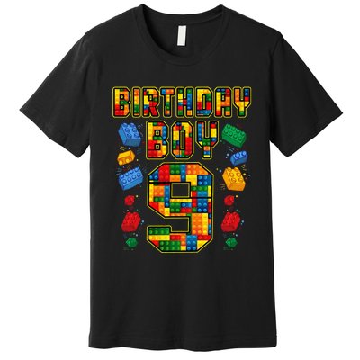 9th Birthday Master Builder 9 Years Old Block Building Premium T-Shirt