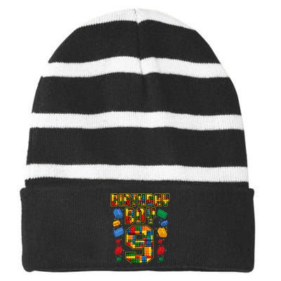 9th Birthday Master Builder 9 Years Old Block Building Striped Beanie with Solid Band