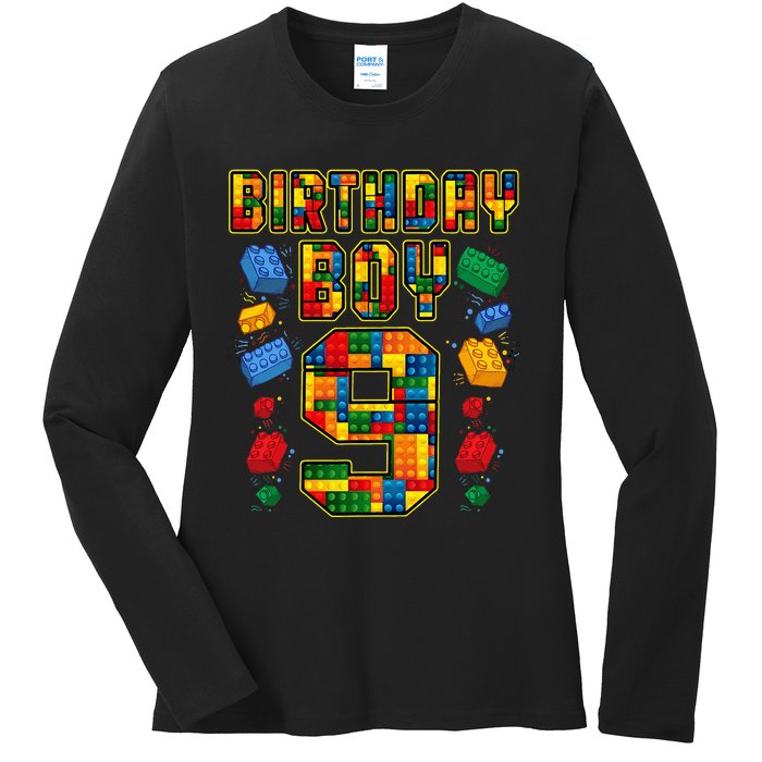 9th Birthday Master Builder 9 Years Old Block Building Ladies Long Sleeve Shirt