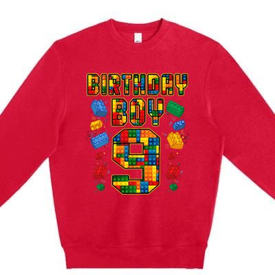 9th Birthday Master Builder 9 Years Old Block Building Premium Crewneck Sweatshirt