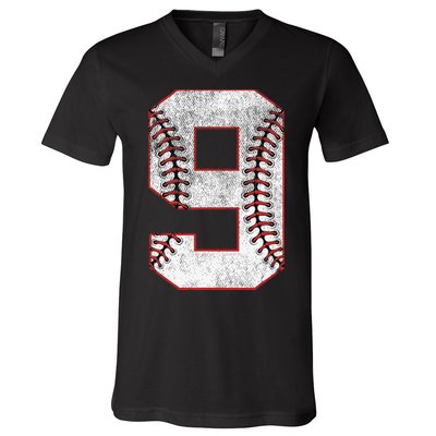 9th Birthday party Nine 9 Year Old Baseball Bday V-Neck T-Shirt