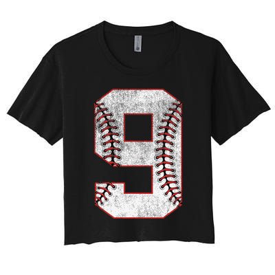 9th Birthday party Nine 9 Year Old Baseball Bday Women's Crop Top Tee