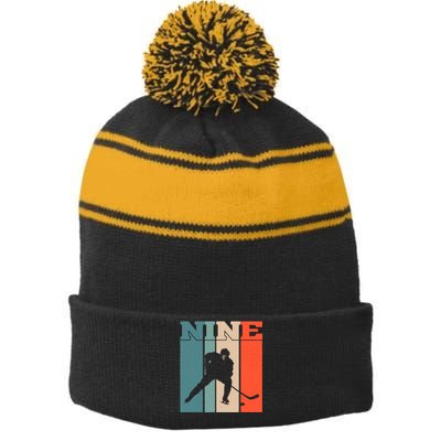 9th Birthday Retro Ice Hockey 9 Years Old Boy Girl Stripe Pom Pom Beanie