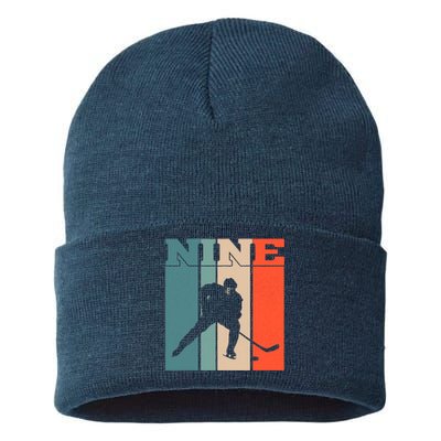 9th Birthday Retro Ice Hockey 9 Years Old Boy Girl Sustainable Knit Beanie