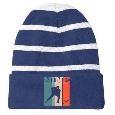 9th Birthday Retro Ice Hockey 9 Years Old Boy Girl Striped Beanie with Solid Band