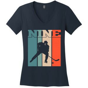 9th Birthday Retro Ice Hockey 9 Years Old Boy Girl Women's V-Neck T-Shirt