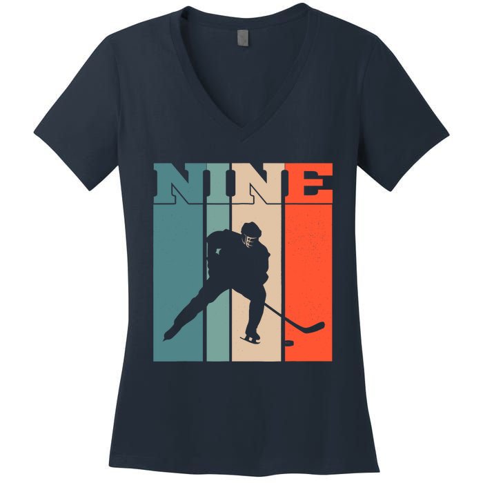 9th Birthday Retro Ice Hockey 9 Years Old Boy Girl Women's V-Neck T-Shirt