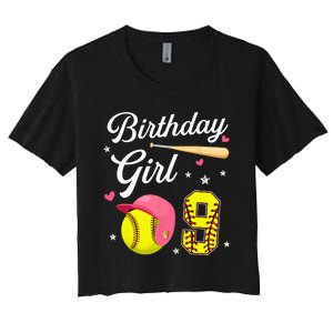 9th Birthday Softball Player Themed Nine 9 Years Old Women's Crop Top Tee