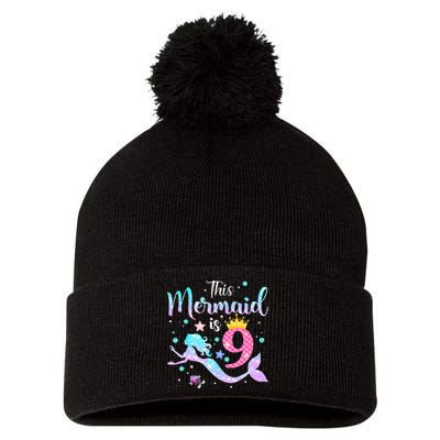 9th Birthday This Mermaid Is 9 Years Old Pom Pom 12in Knit Beanie