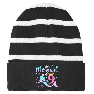 9th Birthday This Mermaid Is 9 Years Old Striped Beanie with Solid Band