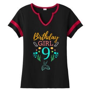 9th Birthday This Mermaid Is 9 Years Old Ladies Halftime Notch Neck Tee