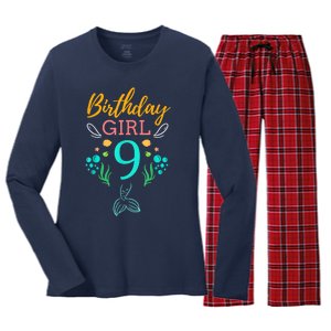 9th Birthday This Mermaid Is 9 Years Old Women's Long Sleeve Flannel Pajama Set 