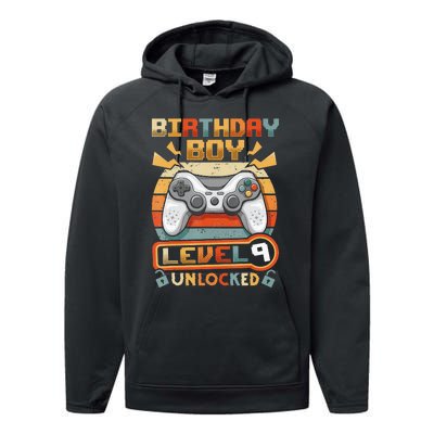 9Th Birthday  Vintage Video Gamer Level 9 Unlocked Performance Fleece Hoodie