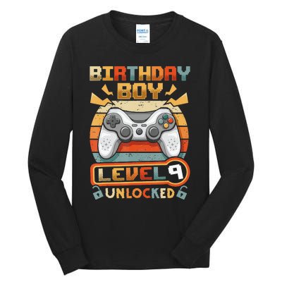 9Th Birthday  Vintage Video Gamer Level 9 Unlocked Tall Long Sleeve T-Shirt