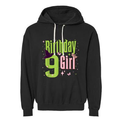 9th Birthday Witch Pi Nk And Green 9 Year Old Birthday Girl Garment-Dyed Fleece Hoodie