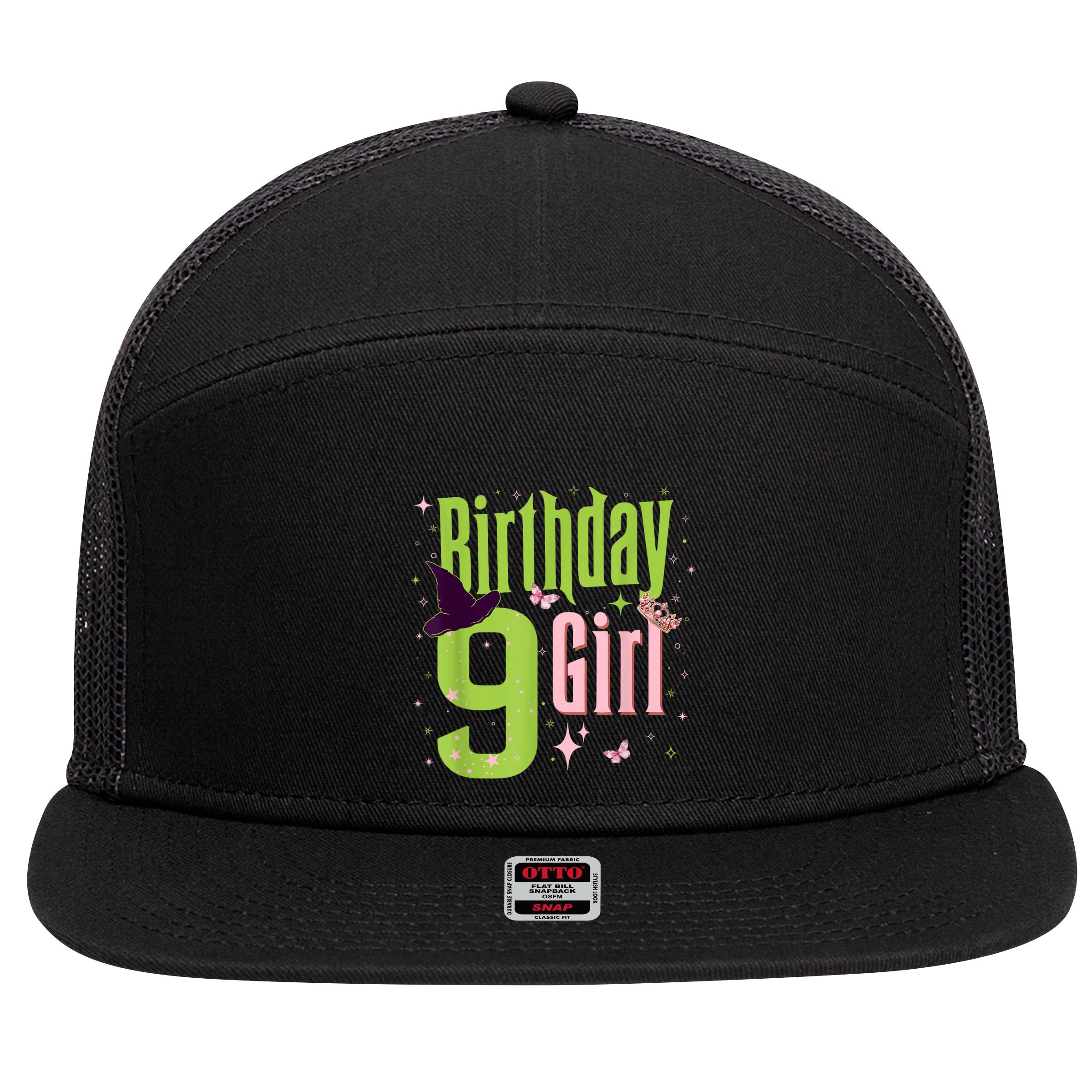 9th Birthday Witch Pi Nk And Green 9 Year Old Birthday Girl 7 Panel Mesh Trucker Snapback Hat