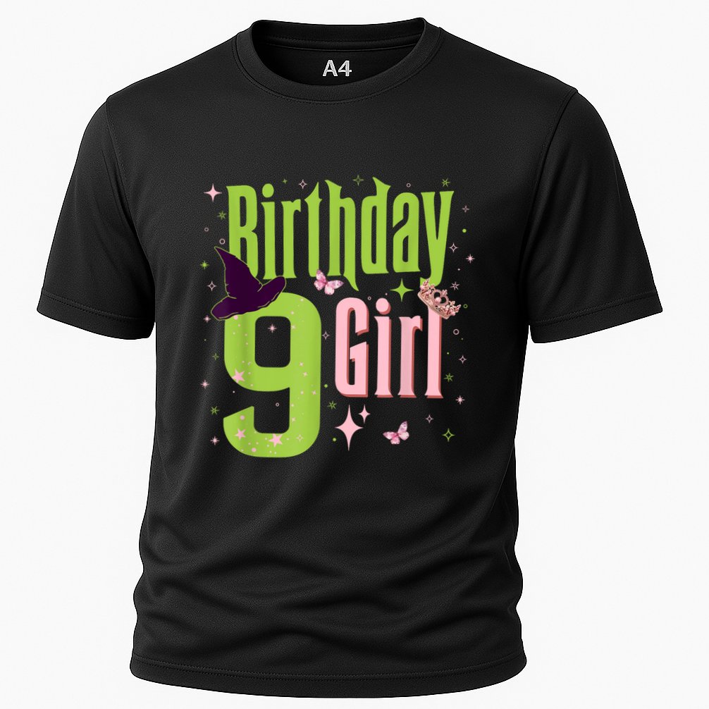 9th Birthday Witch Pi Nk And Green 9 Year Old Birthday Girl Cooling Performance Crew T-Shirt