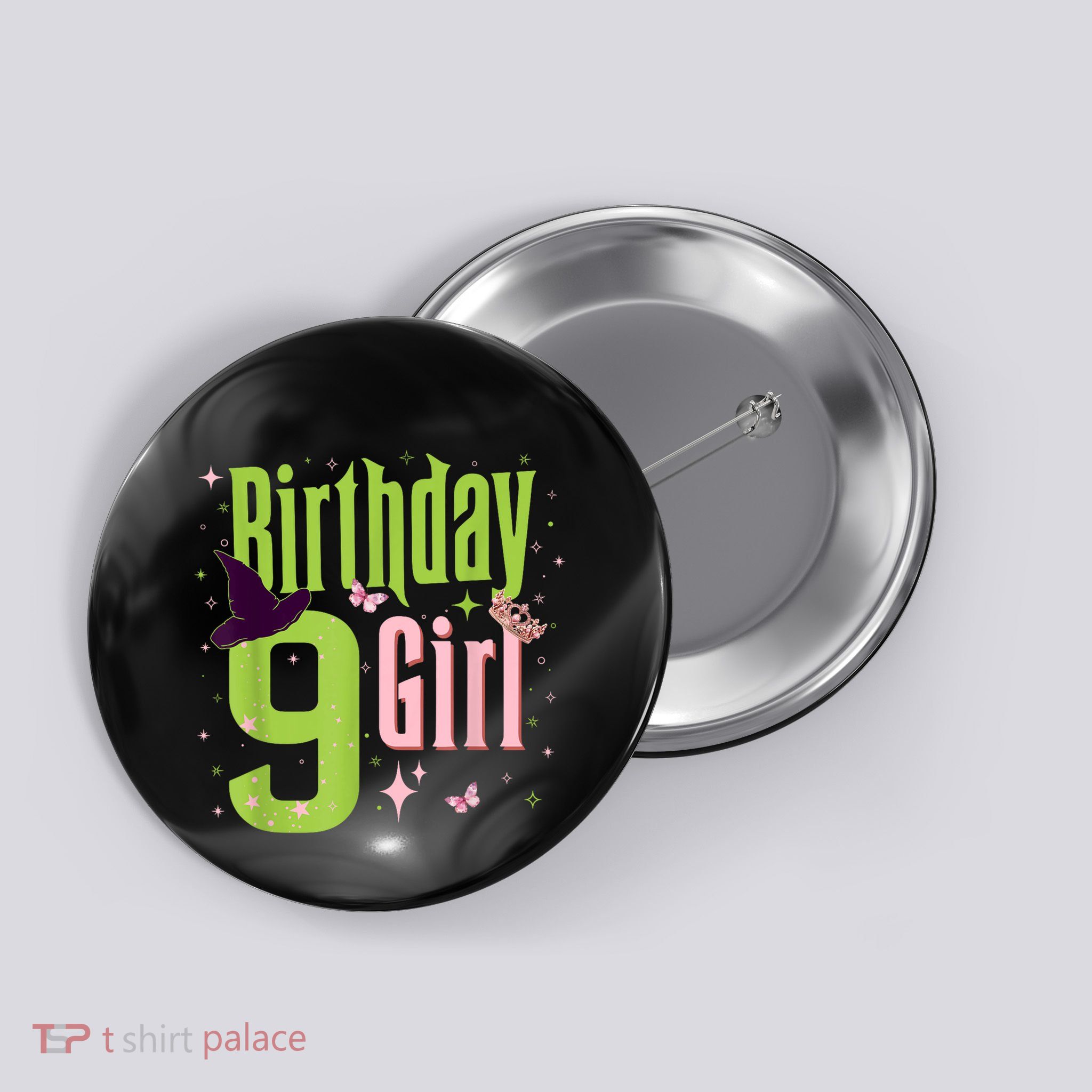 9th Birthday Witch Pi Nk And Green 9 Year Old Birthday Girl Button