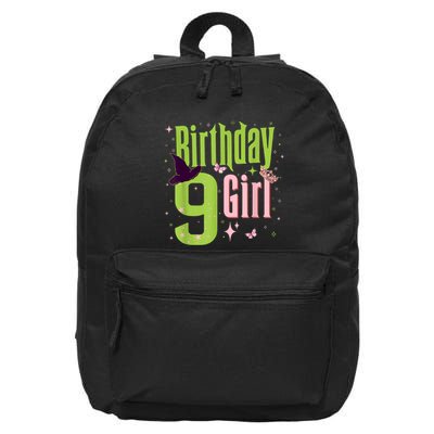 9th Birthday Witch Pi Nk And Green 9 Year Old Birthday Girl 16 in Basic Backpack