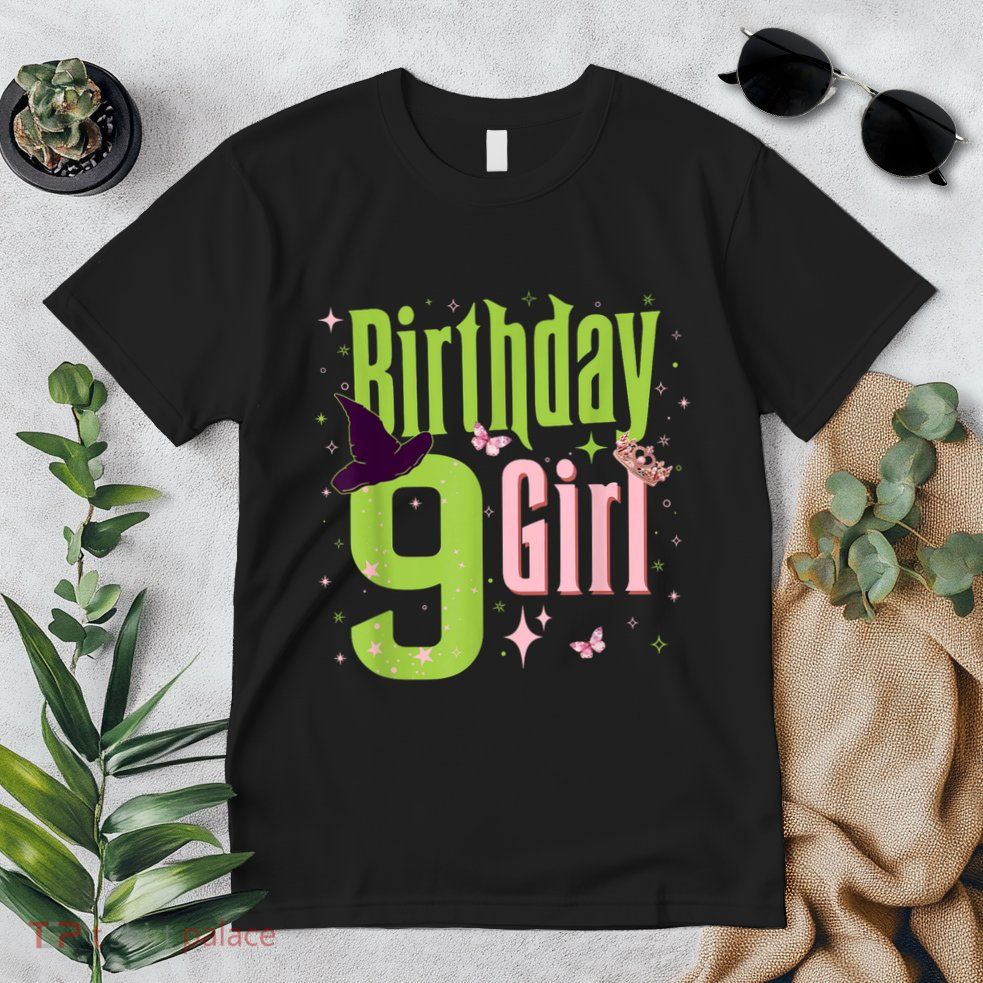 9th Birthday Witch Pi Nk And Green 9 Year Old Birthday Girl Premium T-Shirt