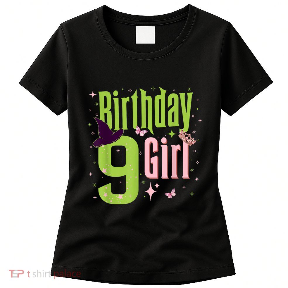 9th Birthday Witch Pi Nk And Green 9 Year Old Birthday Girl Womens T-Shirt
