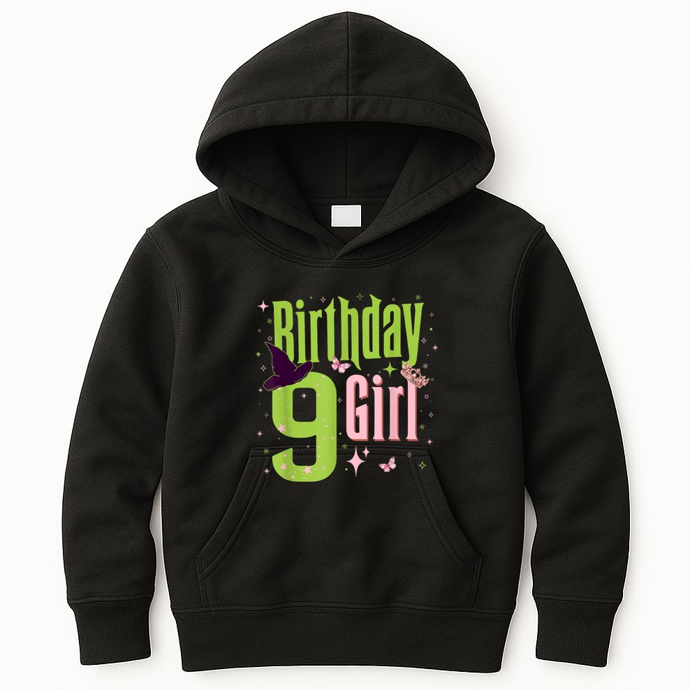 9th Birthday Witch Pi Nk And Green 9 Year Old Birthday Girl Kids Hoodie