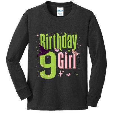 9th Birthday Witch Pi Nk And Green 9 Year Old Birthday Girl Kids Long Sleeve Shirt