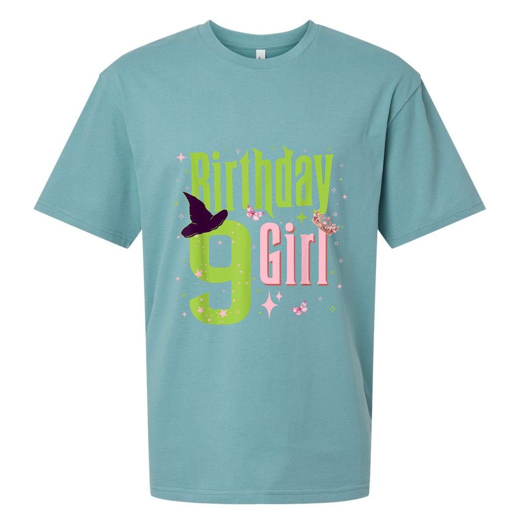 9th Birthday Witch Pi Nk And Green 9 Year Old Birthday Girl Sueded Cloud Jersey T-Shirt