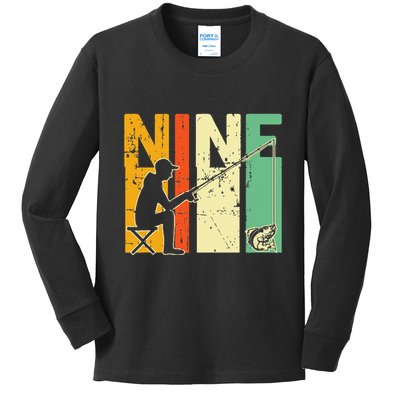 9th Birthday Walleye Fishing Turning 9 Year Old Fisher Kids Long Sleeve Shirt