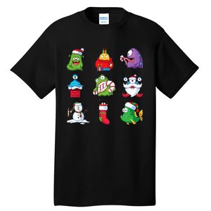 9 Christmas Alien Monsters Santa Snowman Nine Tall T-Shirt