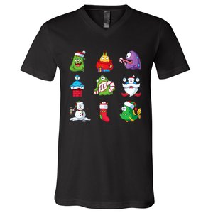 9 Christmas Alien Monsters Santa Snowman Nine V-Neck T-Shirt