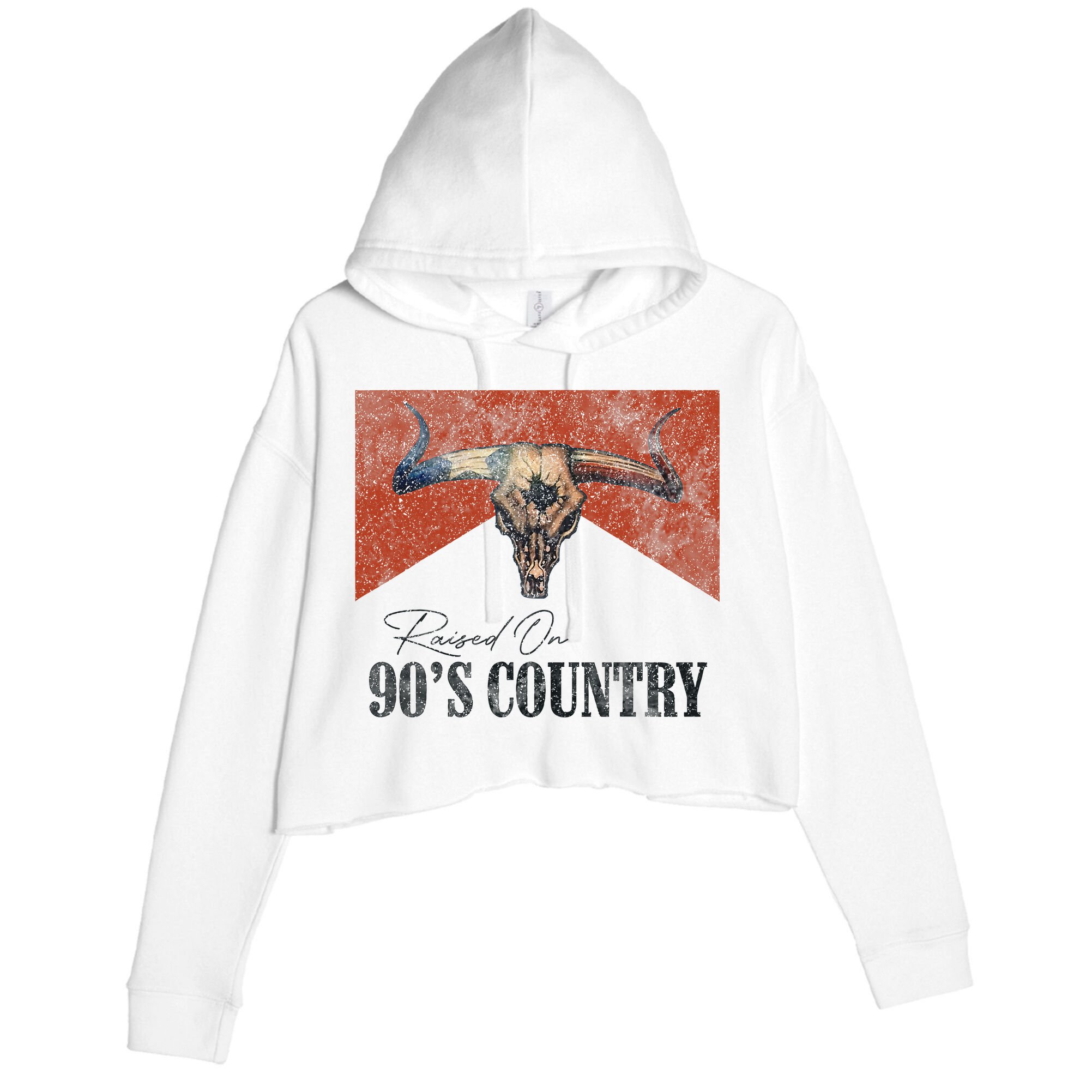 90's Country Music Bull Skull Western Vintage Hat Crop Fleece Hoodie