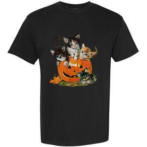 90s Cat Pumpkin Halloween Retro Floral Spooky Season Garment-Dyed Heavyweight T-Shirt