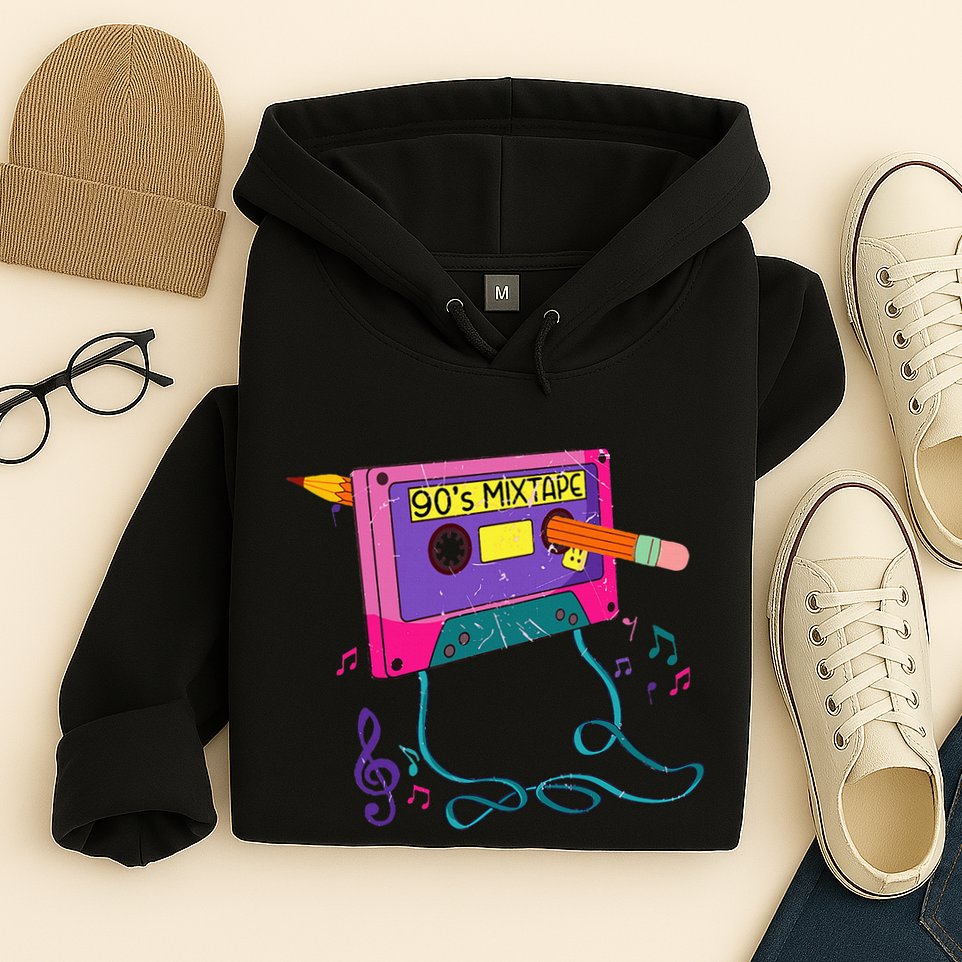 90s Cassette Tape Pencil 1990s Retro Vintage Throwback Music Hoodie