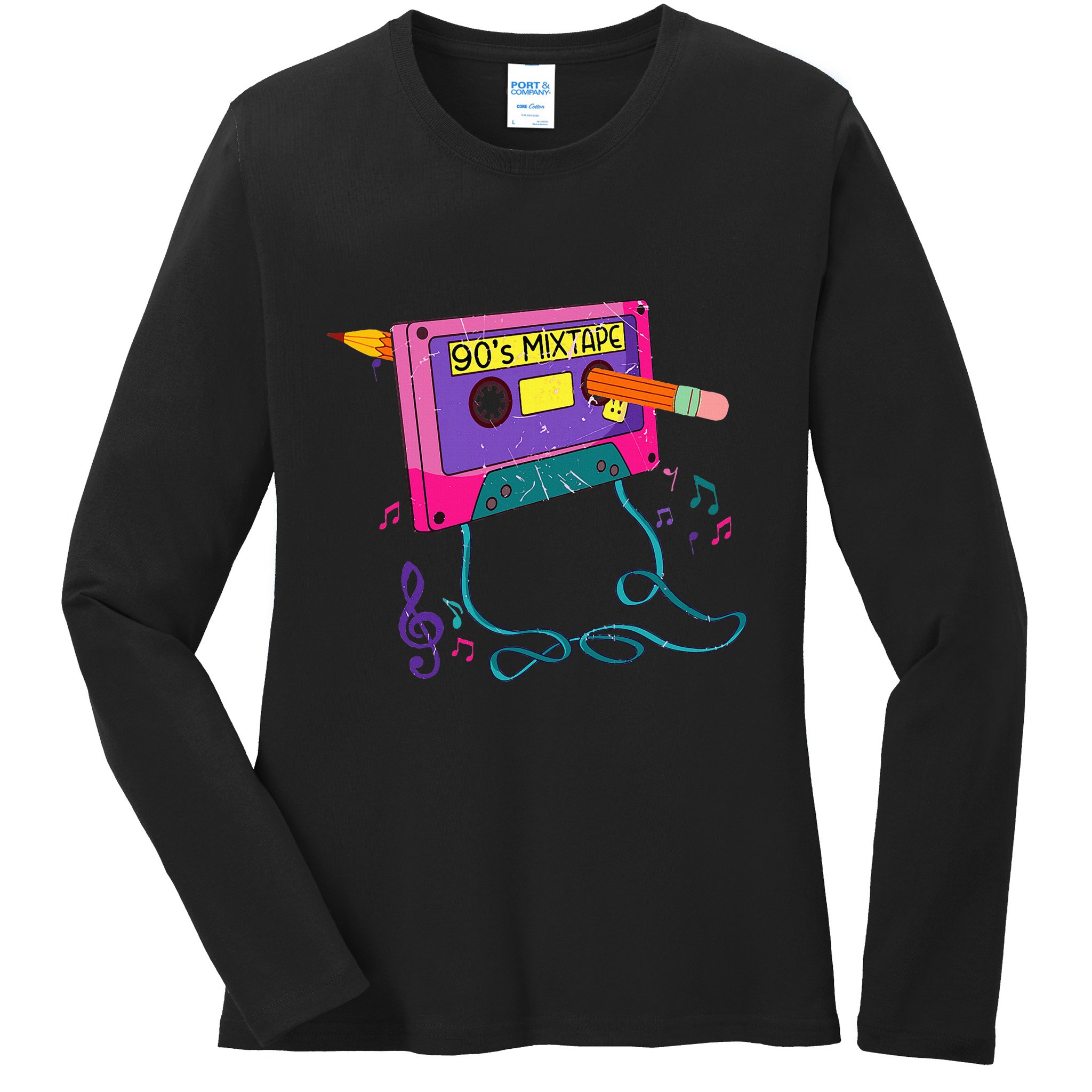 90s Cassette Tape Pencil 1990s Retro Vintage Throwback Music Ladies Long Sleeve Shirt