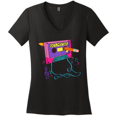 90s Cassette Tape Pencil 1990s Retro Vintage Throwback Music Women's V-Neck T-Shirt