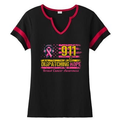 911 Dispatcher Breast Cancer Awareness American Flag Ladies Halftime Notch Neck Tee