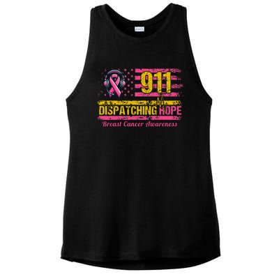 911 Dispatcher Breast Cancer Awareness American Flag Ladies PosiCharge Tri-Blend Wicking Tank