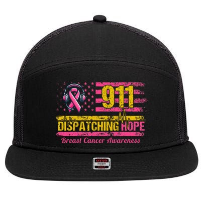 911 Dispatcher Breast Cancer Awareness American Flag 7 Panel Mesh Trucker Snapback Hat