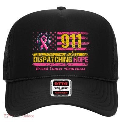 911 Dispatcher Breast Cancer Awareness American Flag High Crown Mesh Back Trucker Hat