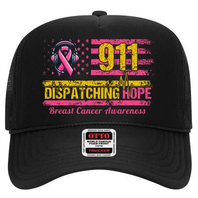 911 Dispatcher Breast Cancer Awareness American Flag High Crown Mesh Back Trucker Hat