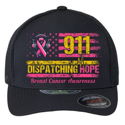 911 Dispatcher Breast Cancer Awareness American Flag Flexfit Unipanel Trucker Cap