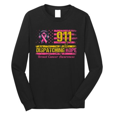 911 Dispatcher Breast Cancer Awareness American Flag Long Sleeve Shirt