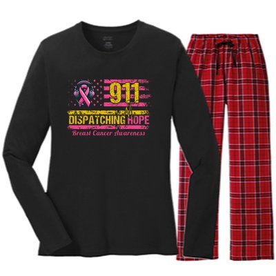 911 Dispatcher Breast Cancer Awareness American Flag Women's Long Sleeve Flannel Pajama Set 