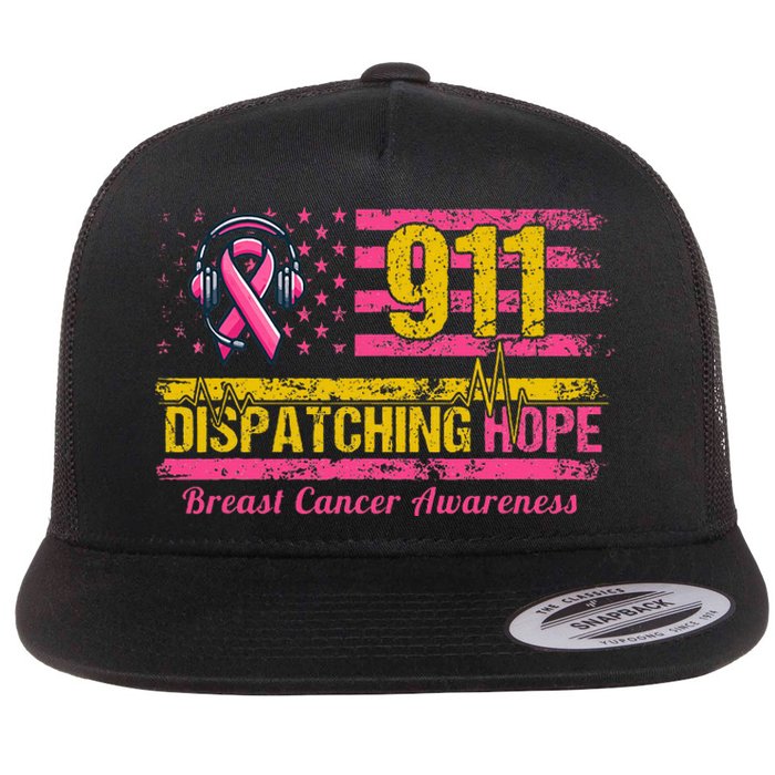 911 Dispatcher Breast Cancer Awareness American Flag Flat Bill Trucker Hat